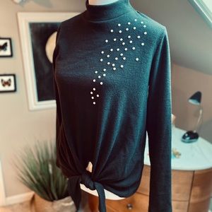 Tie front sweater with pearls